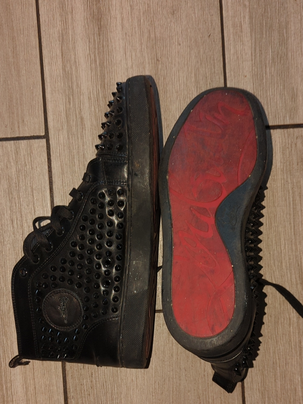 Black Studded High-Top Sneakers with Red Sole Red Bottomes